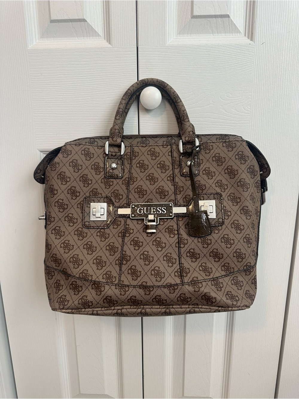 GUESS Brown Monogram Satchel Purse with Logo Plaque